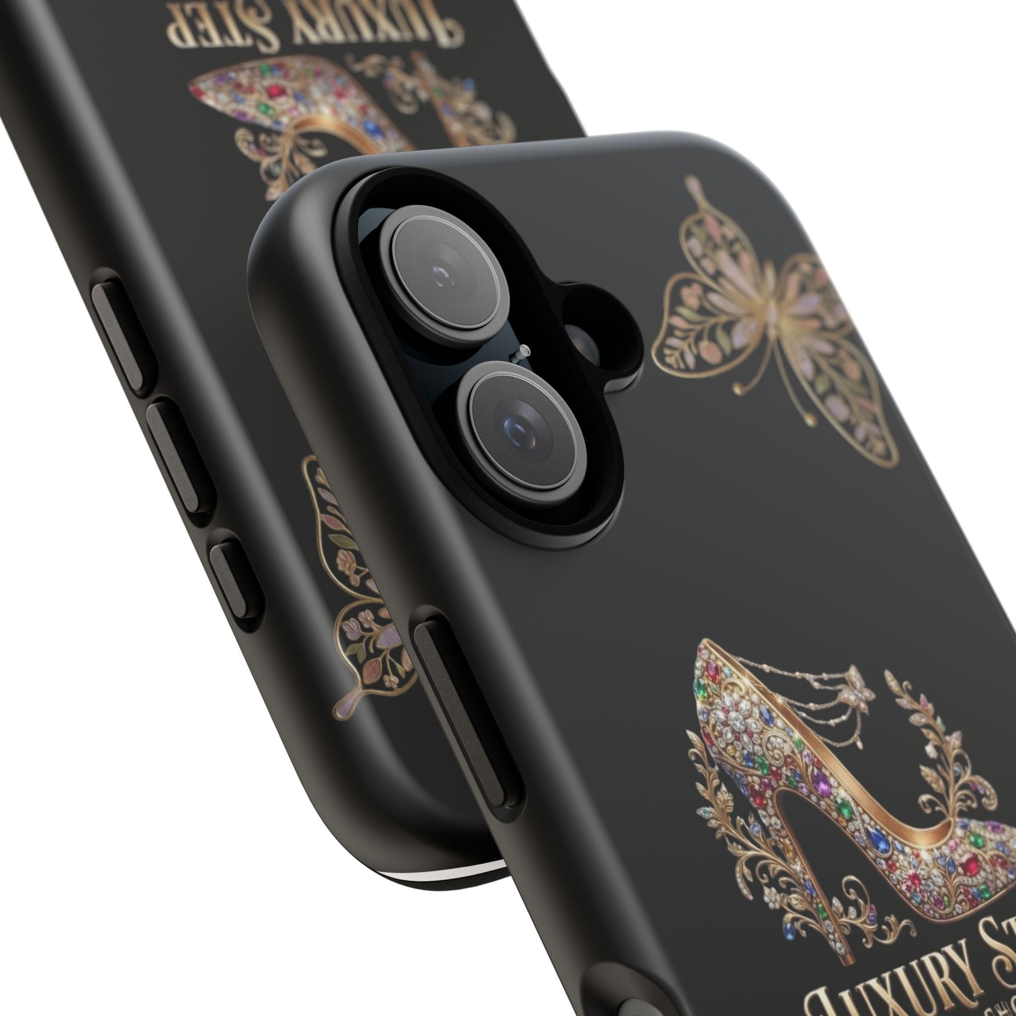 Luxury Step Floral Stiletto Phone Case — Elegant Butterfly Glitter Tough Case
