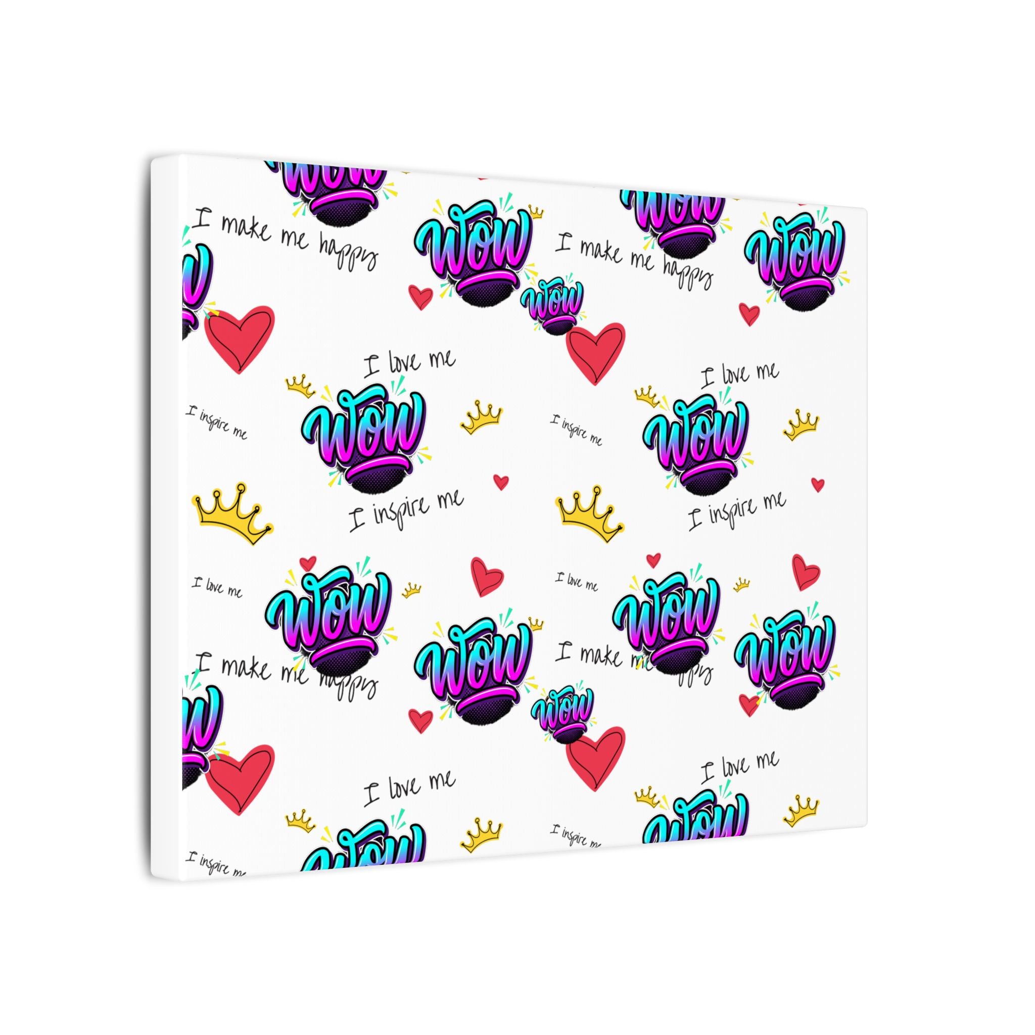 Motivational "WOW" Pattern Canvas Print — Inspirational Heart & Crown Wall Art