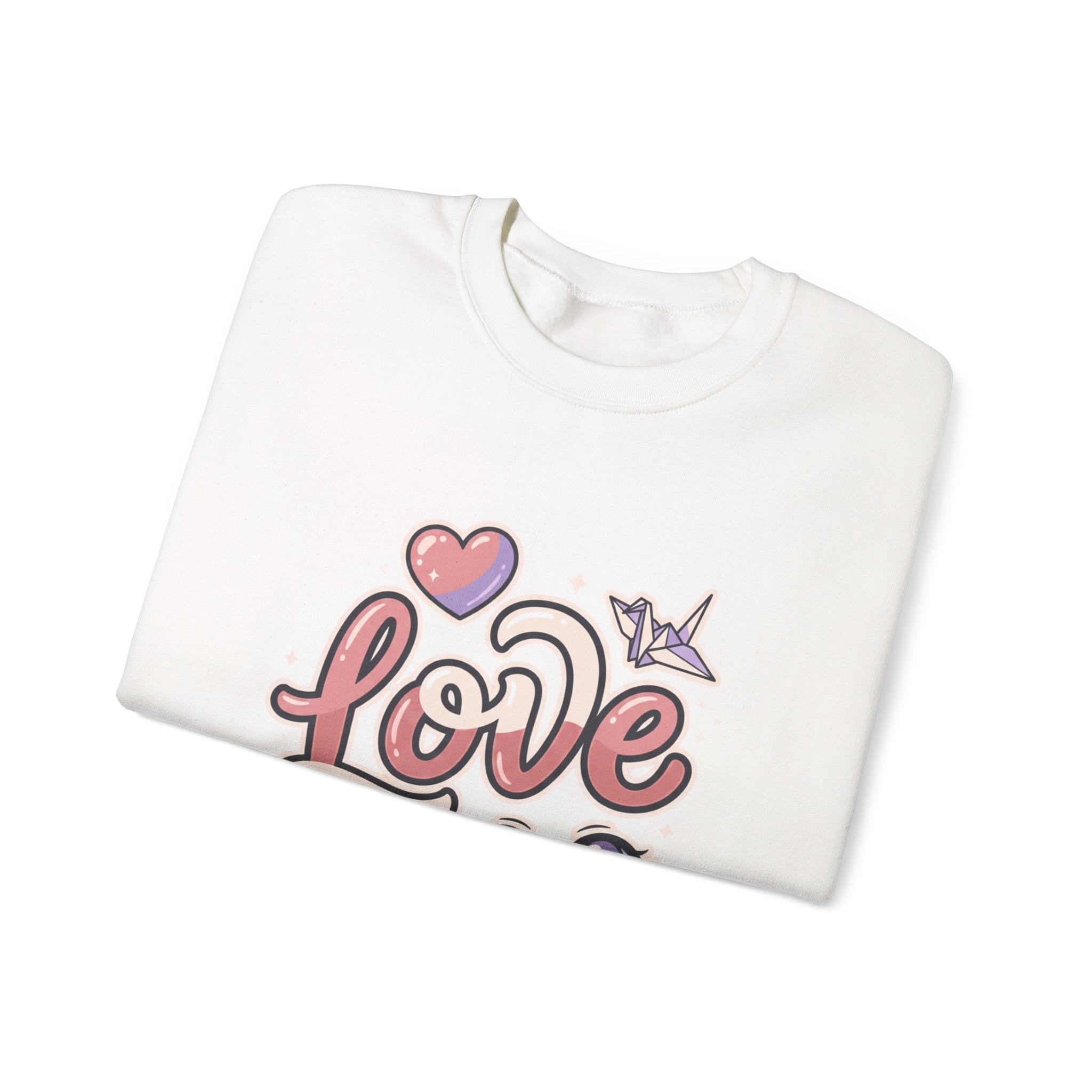 Love Graphic Sweatshirt — Cute Pink Heart & Origami Crane Crewneck