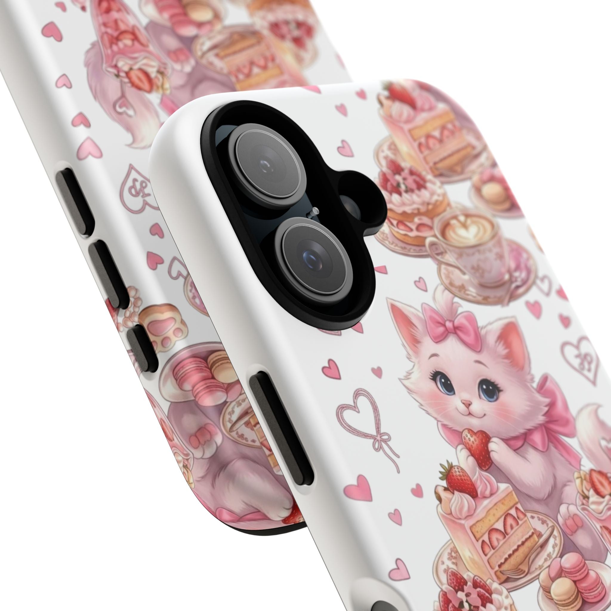 Cute Cat Dessert Phone Case — Pink Kawaii Kitten with Cakes & Hearts