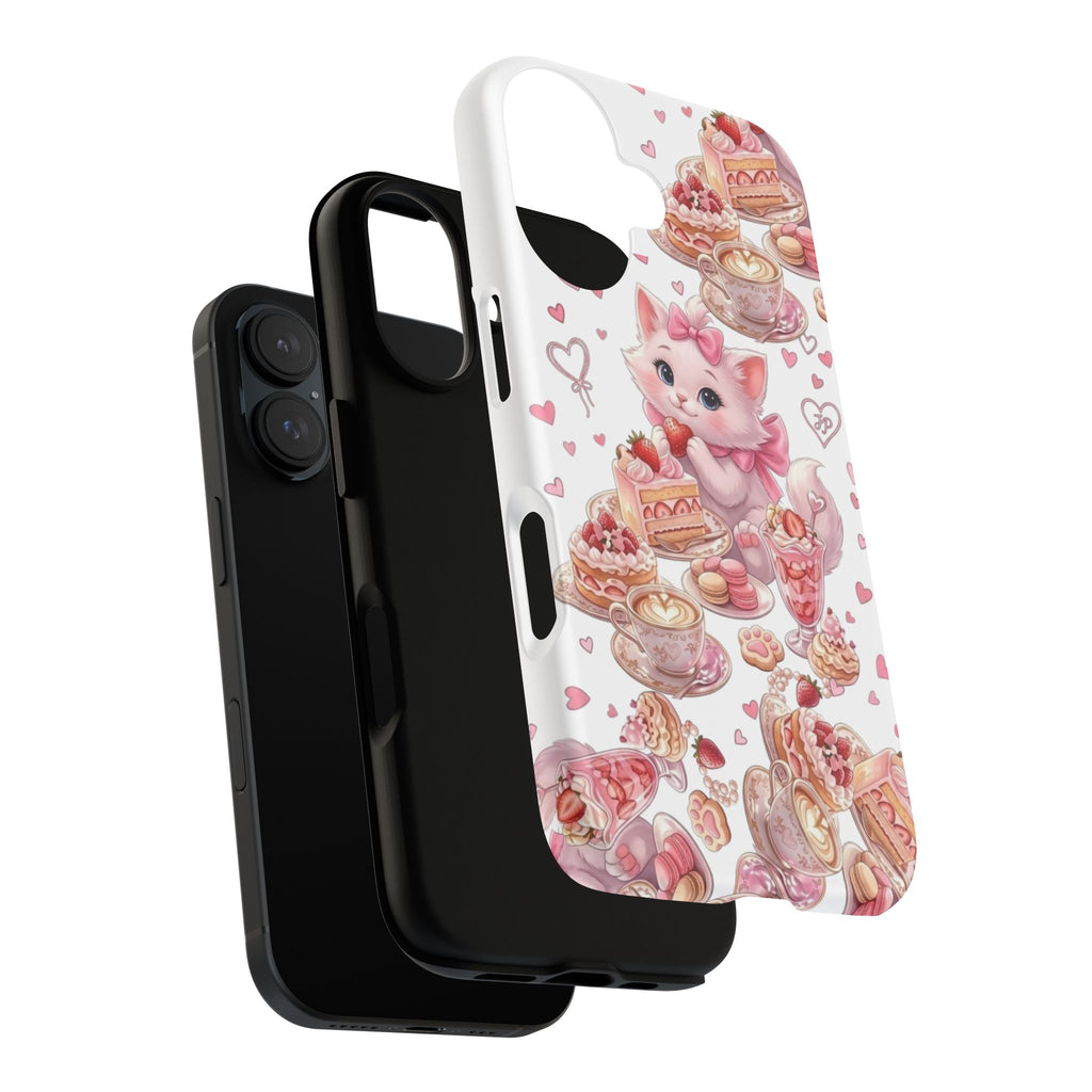 Cute Cat Dessert Phone Case — Pink Kawaii Kitten with Cakes & Hearts