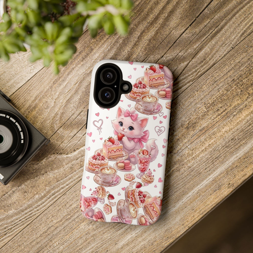 Cute Cat Dessert Phone Case — Pink Kawaii Kitten with Cakes & Hearts