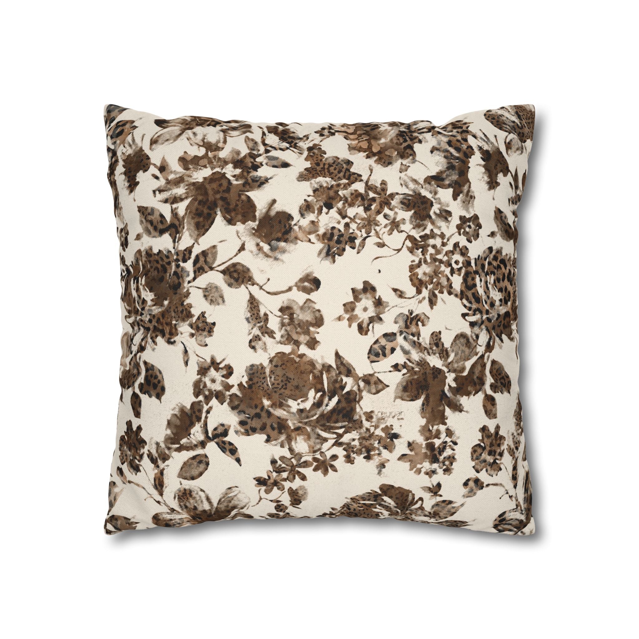 Floral Vintage Brown Square Pillowcase — Spun Polyester Decorative Throw Pillow Cover