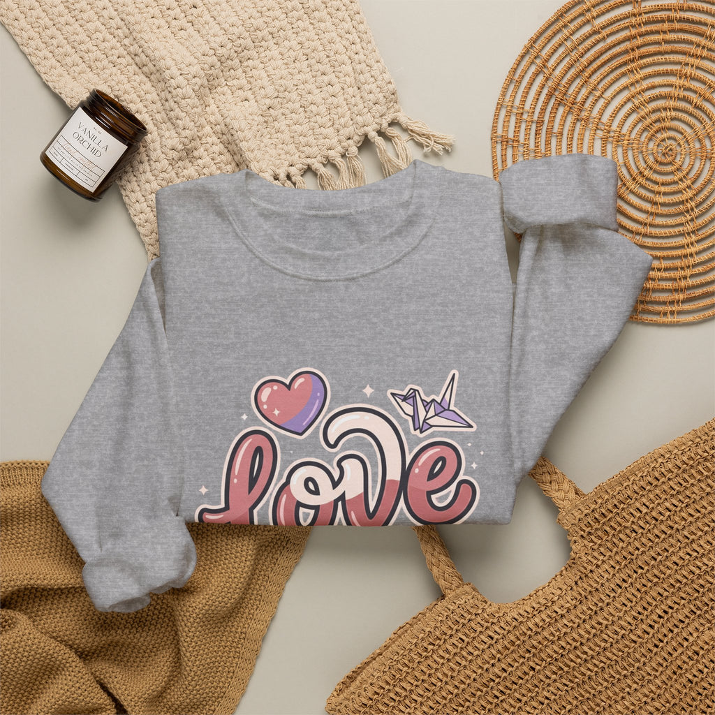 Love Graphic Sweatshirt — Cute Pink Heart & Origami Crane Crewneck