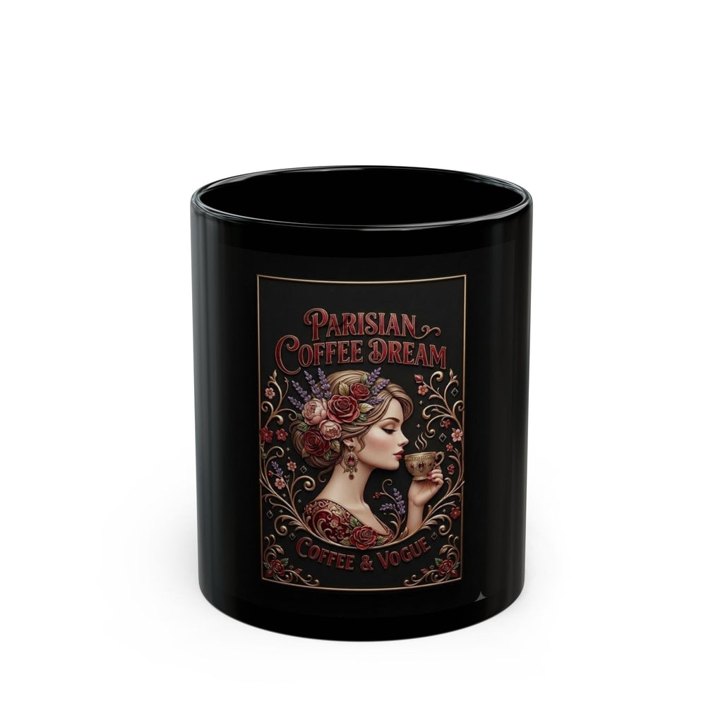 Parisian Coffee Dream Black Mug — Vintage Floral Art Nouveau Coffee & Vogue Design (11oz/15oz)