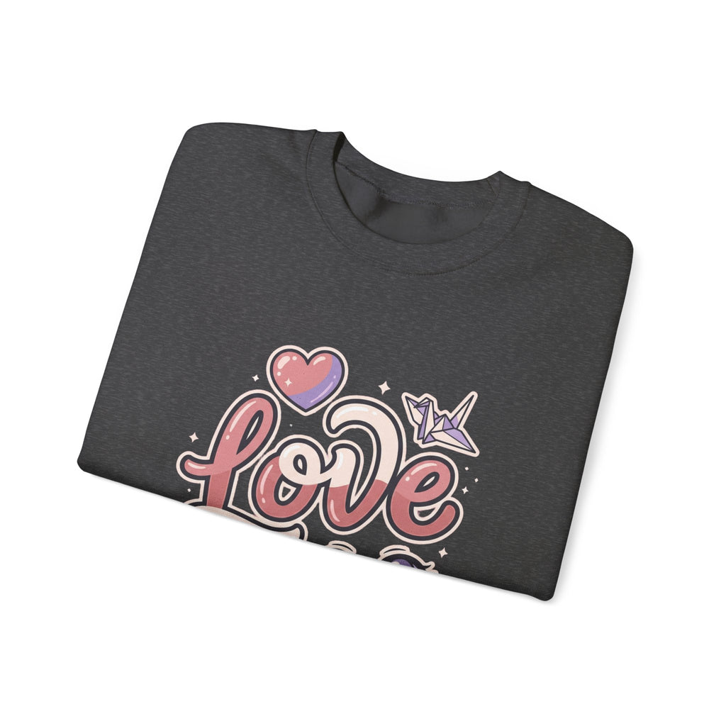 Love Graphic Sweatshirt — Cute Pink Heart & Origami Crane Crewneck