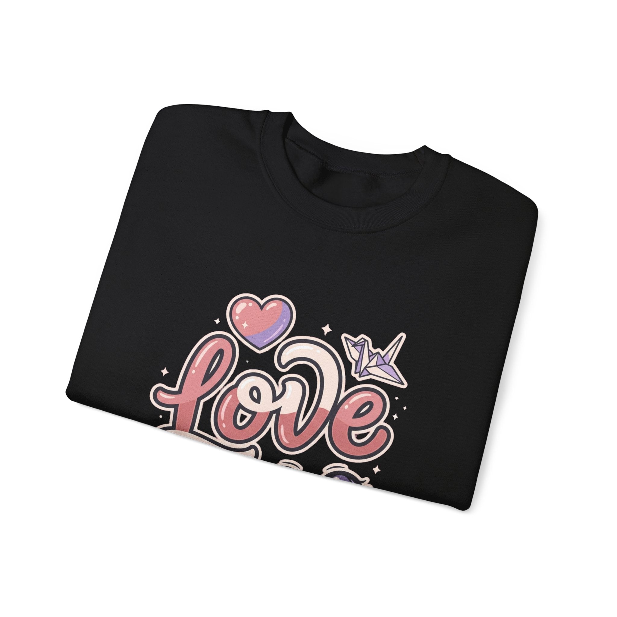 Love Graphic Sweatshirt — Cute Pink Heart & Origami Crane Crewneck