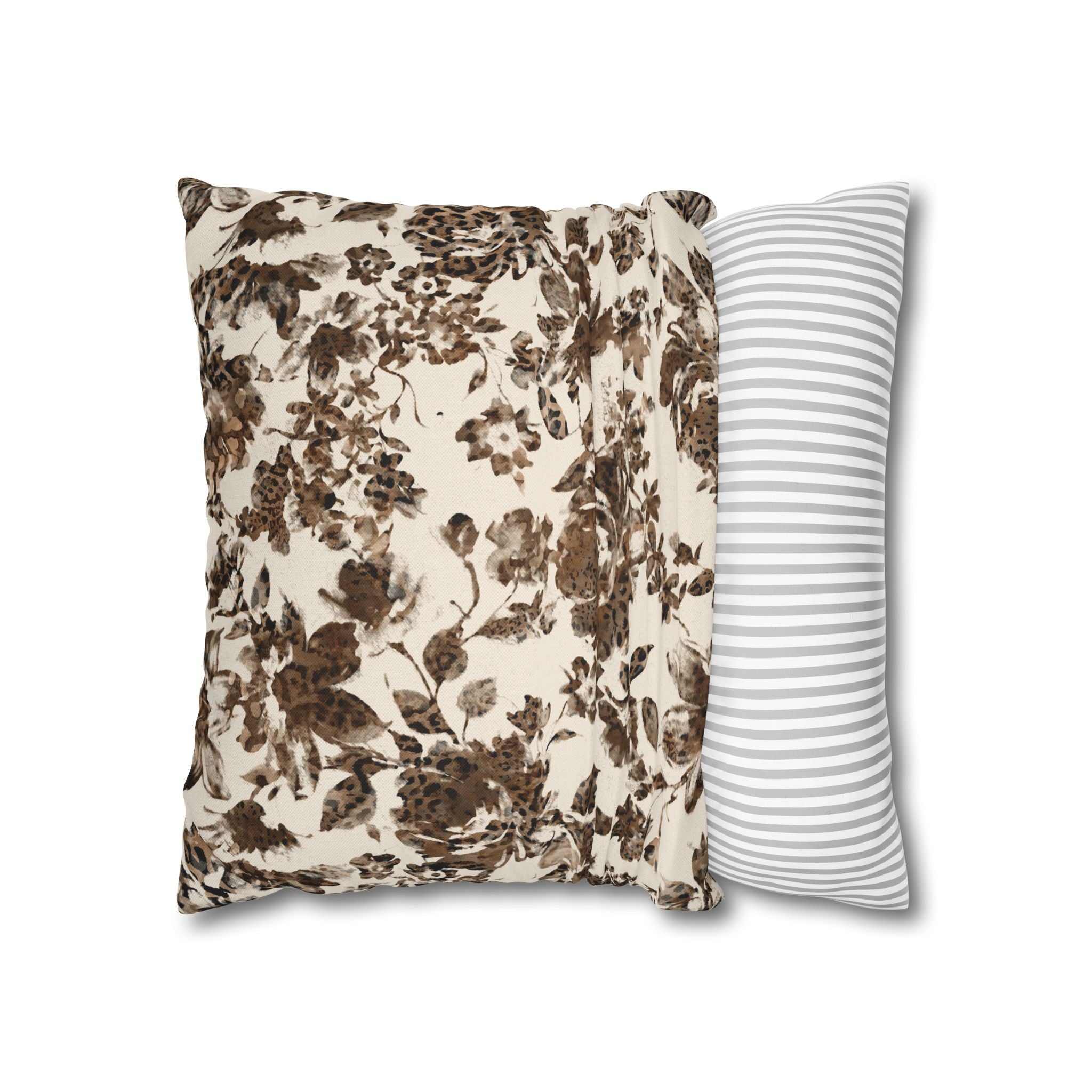 Floral Vintage Brown Square Pillowcase — Spun Polyester Decorative Throw Pillow Cover