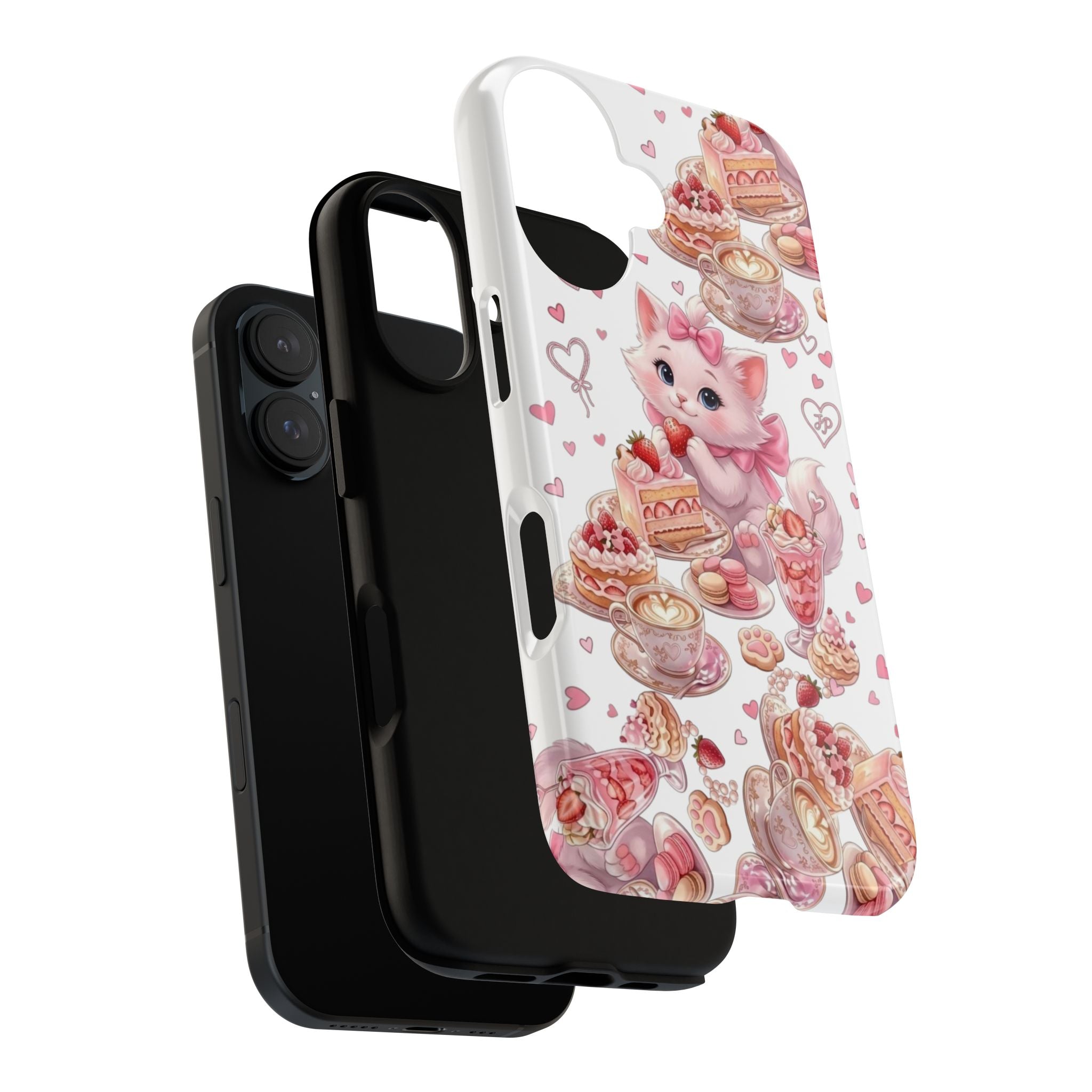 Cute Cat Dessert Phone Case — Pink Kawaii Kitten with Cakes & Hearts