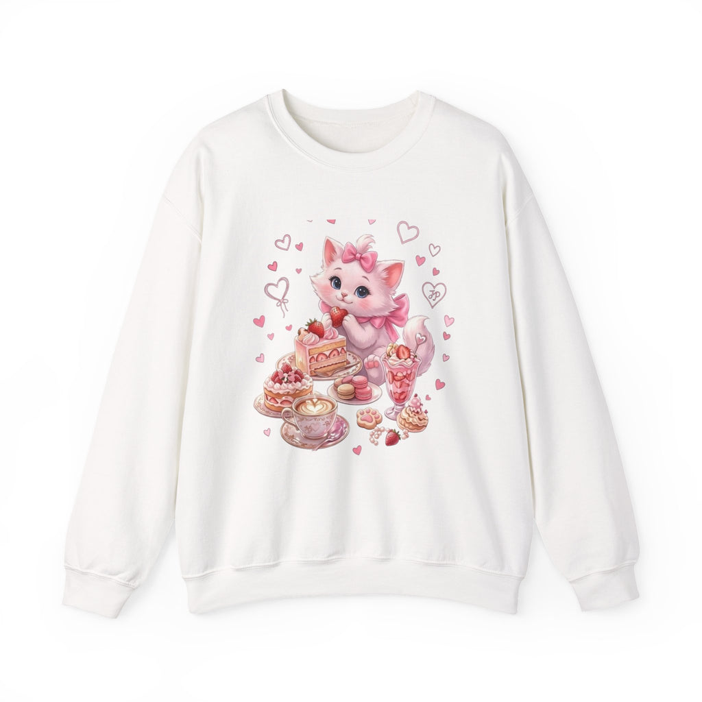 Crewneck Sweatshirt - Cute Pink Kitty Tea Party Graphic (Hearts, Cakes & Sweets)