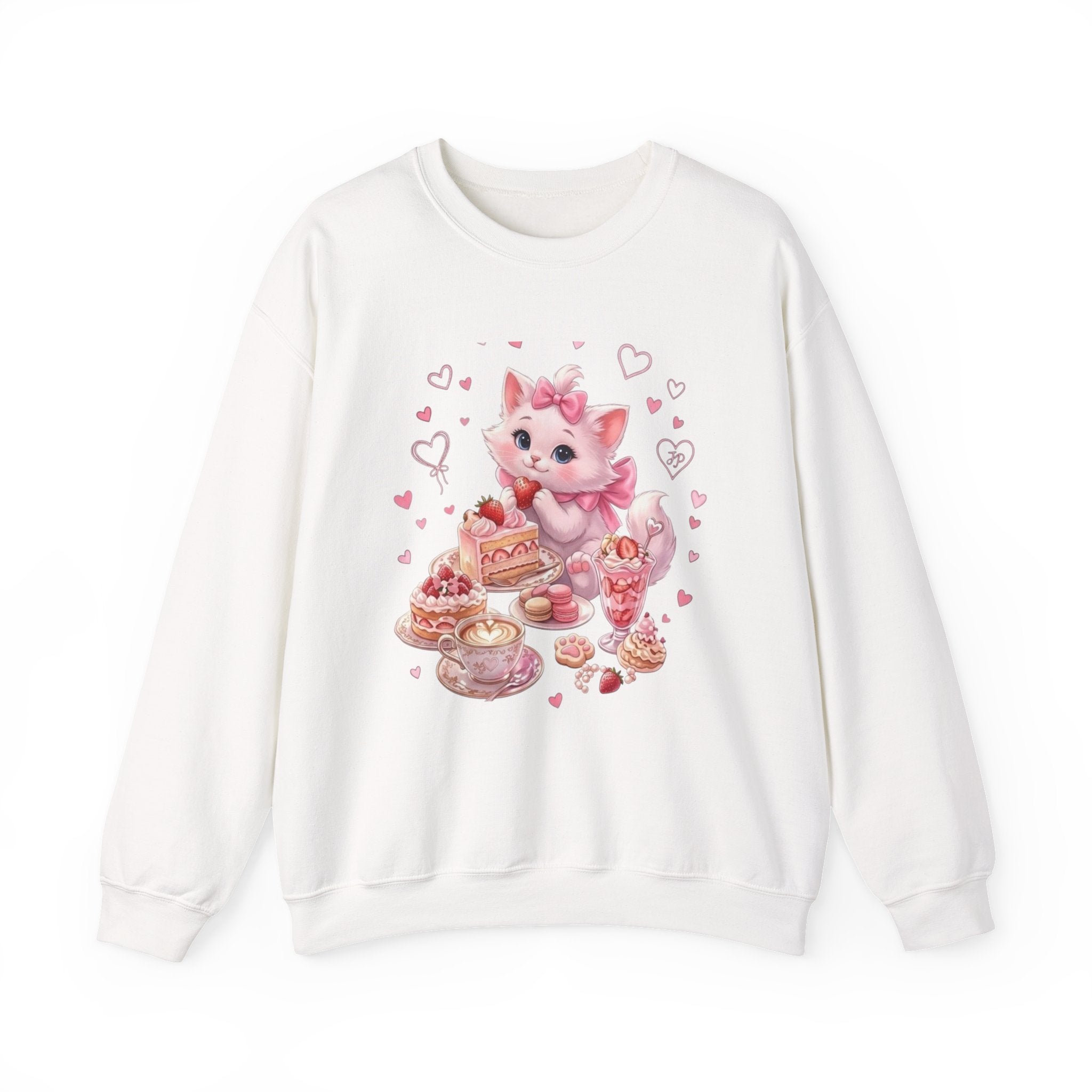 Crewneck Sweatshirt - Cute Pink Kitty Tea Party Graphic (Hearts, Cakes & Sweets)
