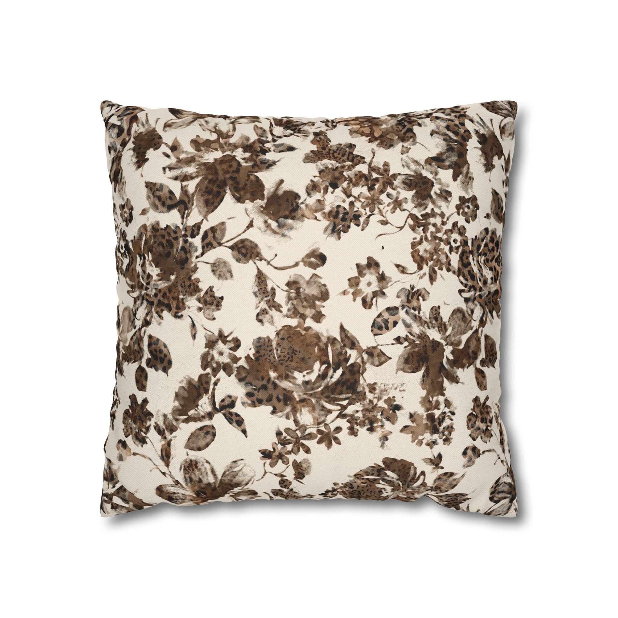 Floral Vintage Brown Square Pillowcase — Spun Polyester Decorative Throw Pillow Cover