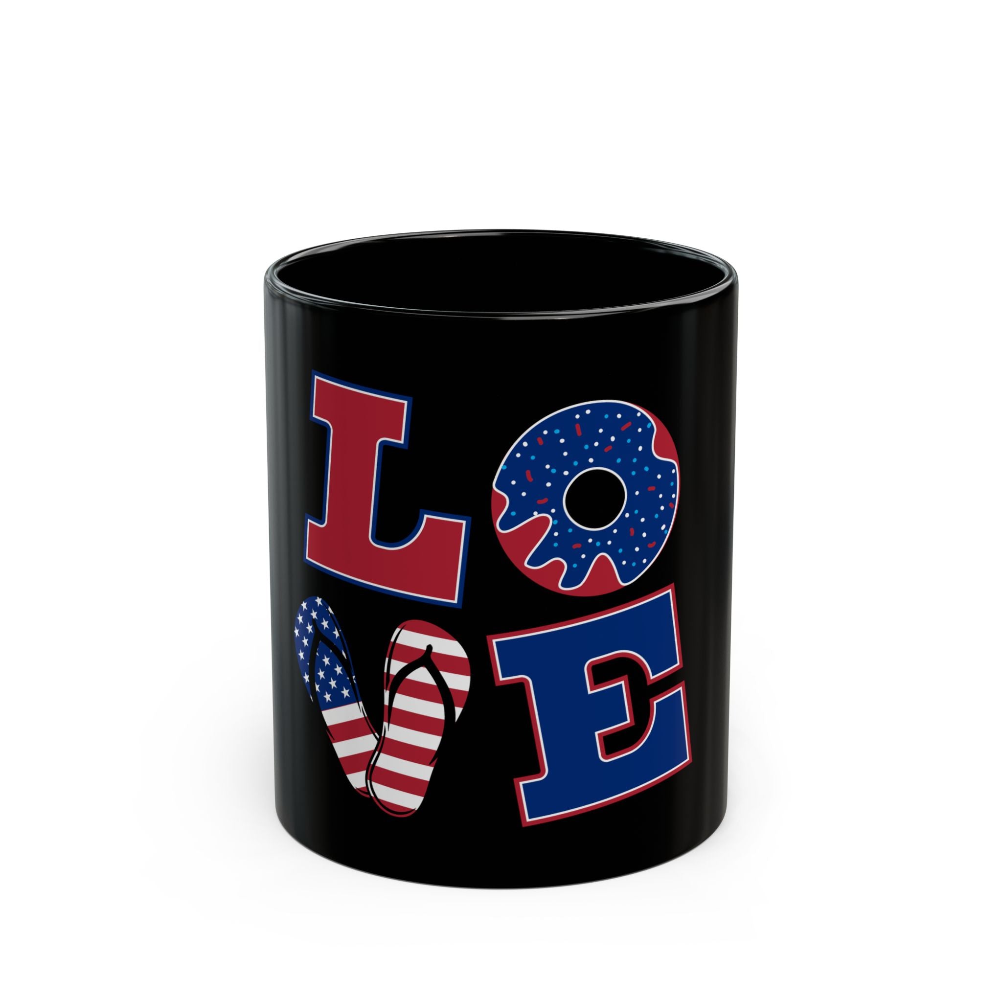 Patriotic LOVE Black Mug — American Flag Donut & Flip-Flop 11oz/15oz