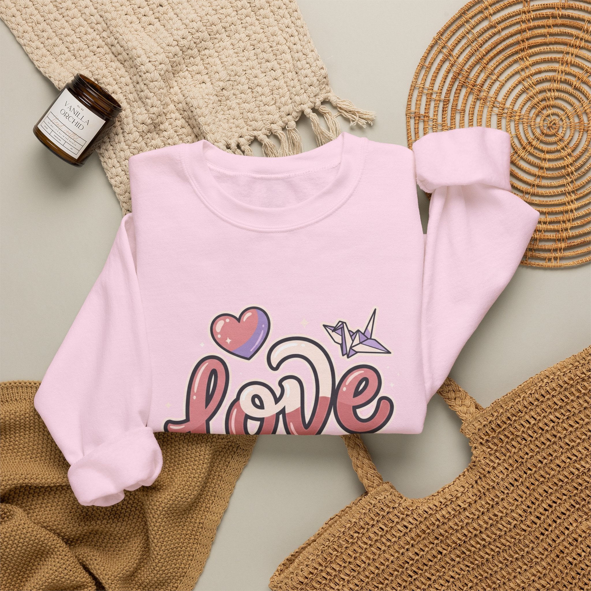 Love Graphic Sweatshirt — Cute Pink Heart & Origami Crane Crewneck