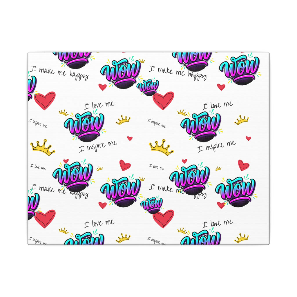 Motivational "WOW" Pattern Canvas Print — Inspirational Heart & Crown Wall Art