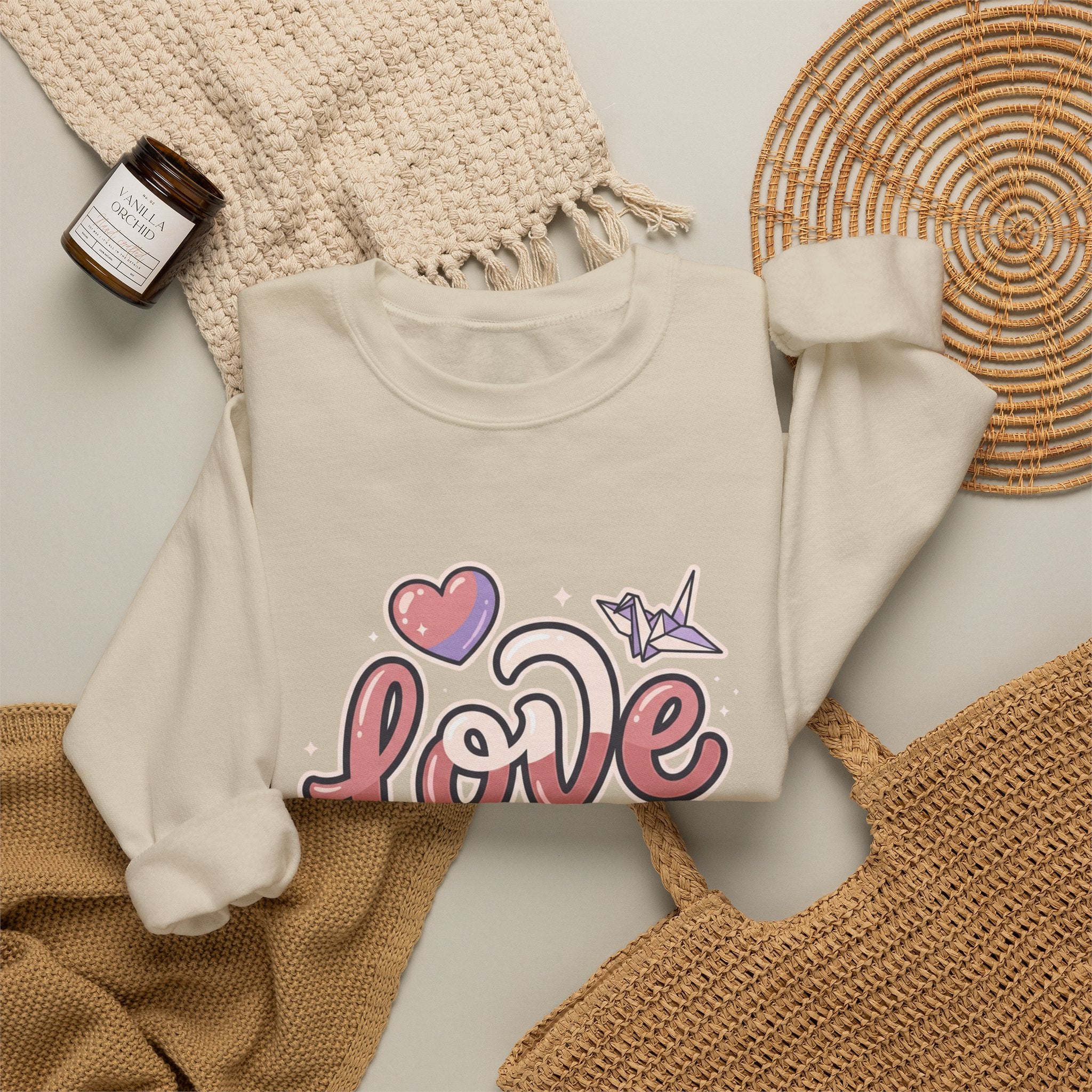 Love Graphic Sweatshirt — Cute Pink Heart & Origami Crane Crewneck