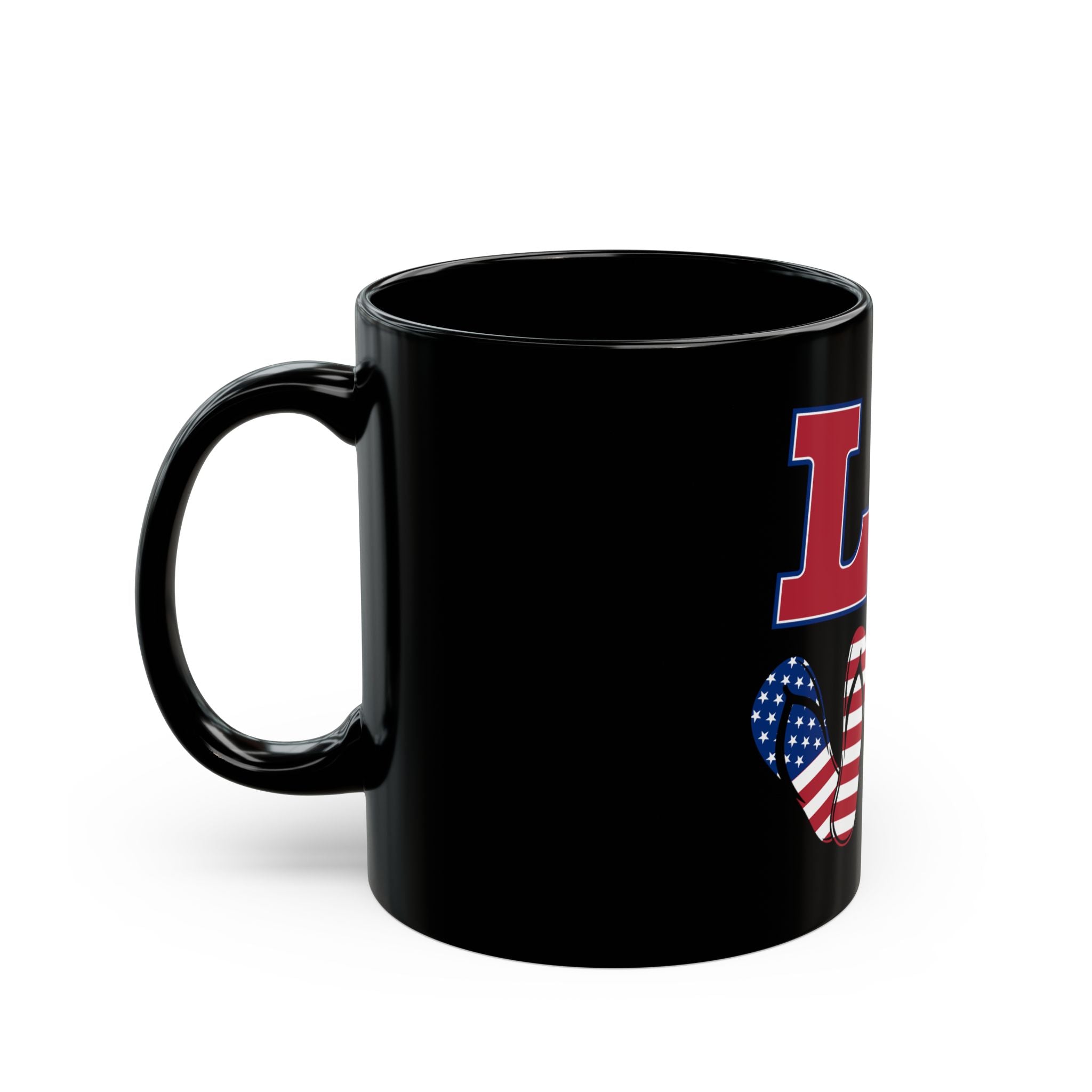 Patriotic LOVE Black Mug — American Flag Donut & Flip-Flop 11oz/15oz