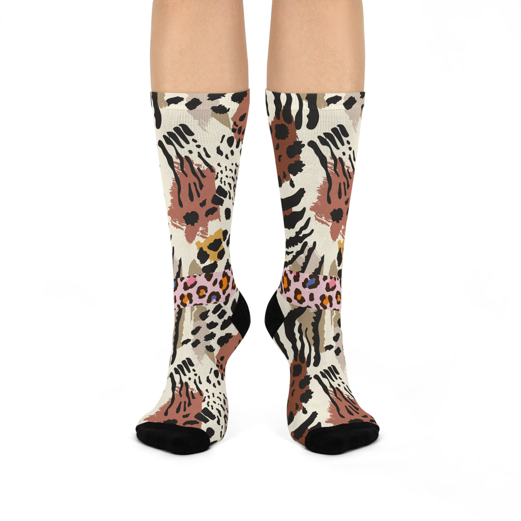 Leopard Patchwork Cushioned Crew Socks — Bold Animal Print Comfort