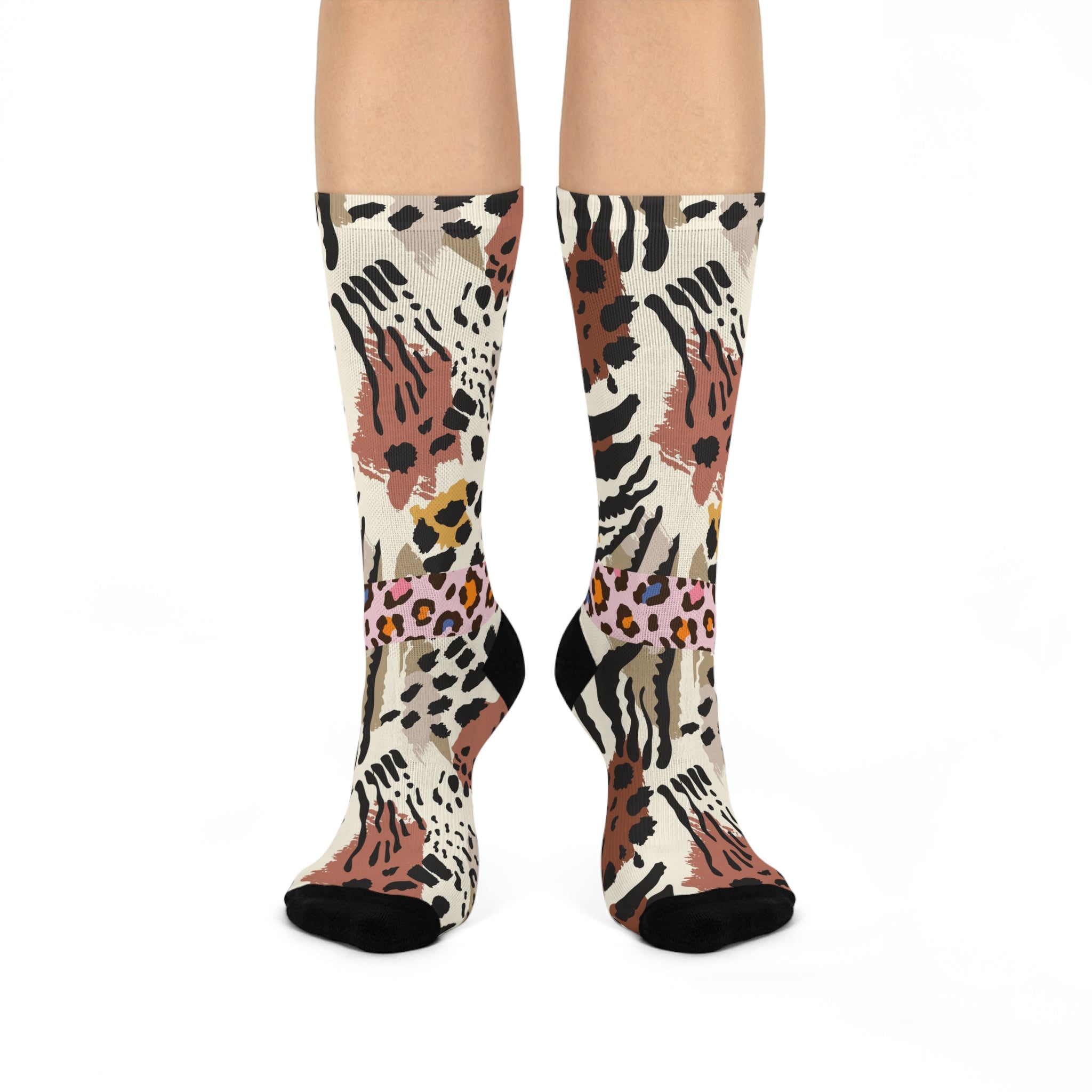 Leopard Patchwork Cushioned Crew Socks — Bold Animal Print Comfort