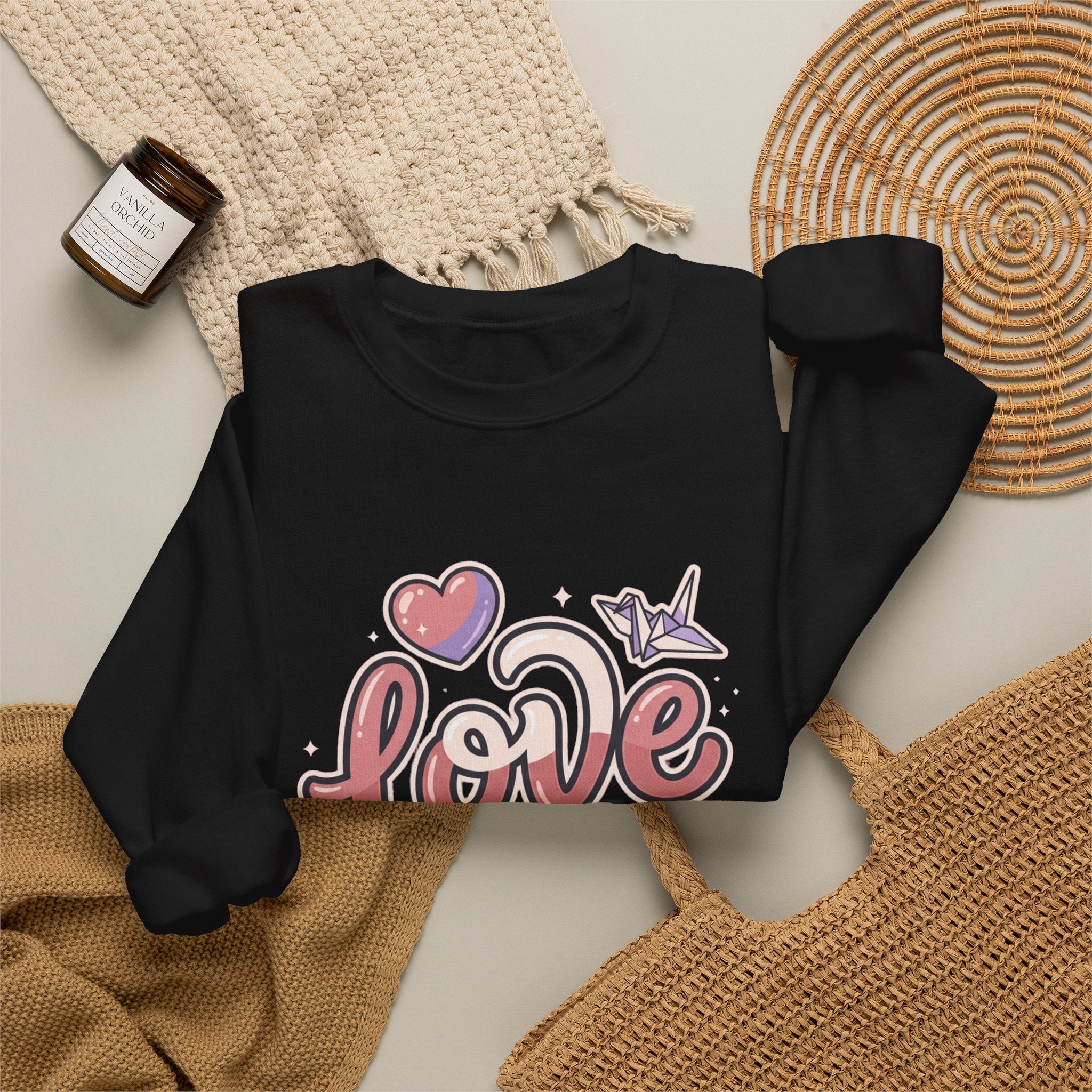 Love Graphic Sweatshirt — Cute Pink Heart & Origami Crane Crewneck