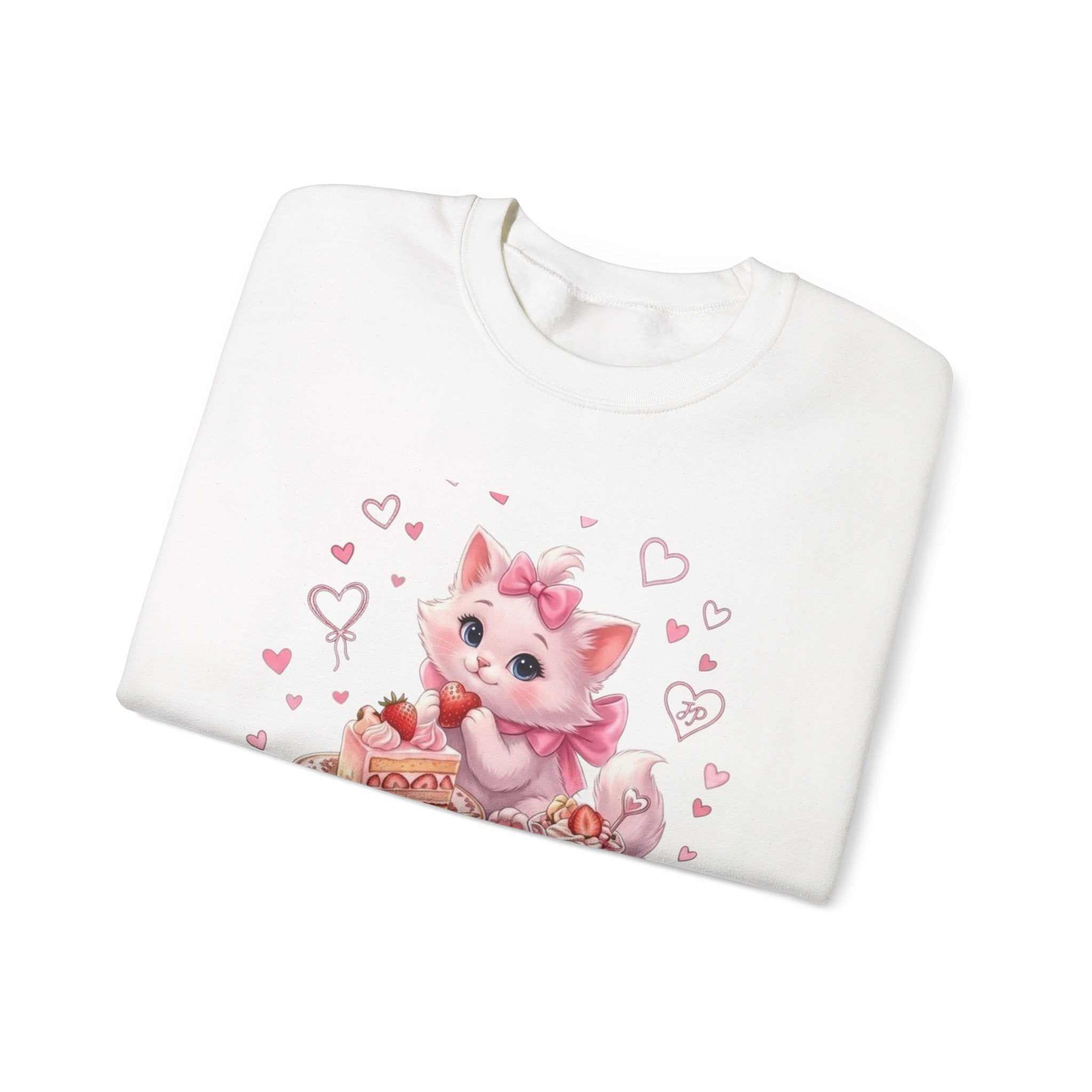 Crewneck Sweatshirt - Cute Pink Kitty Tea Party Graphic (Hearts, Cakes & Sweets)