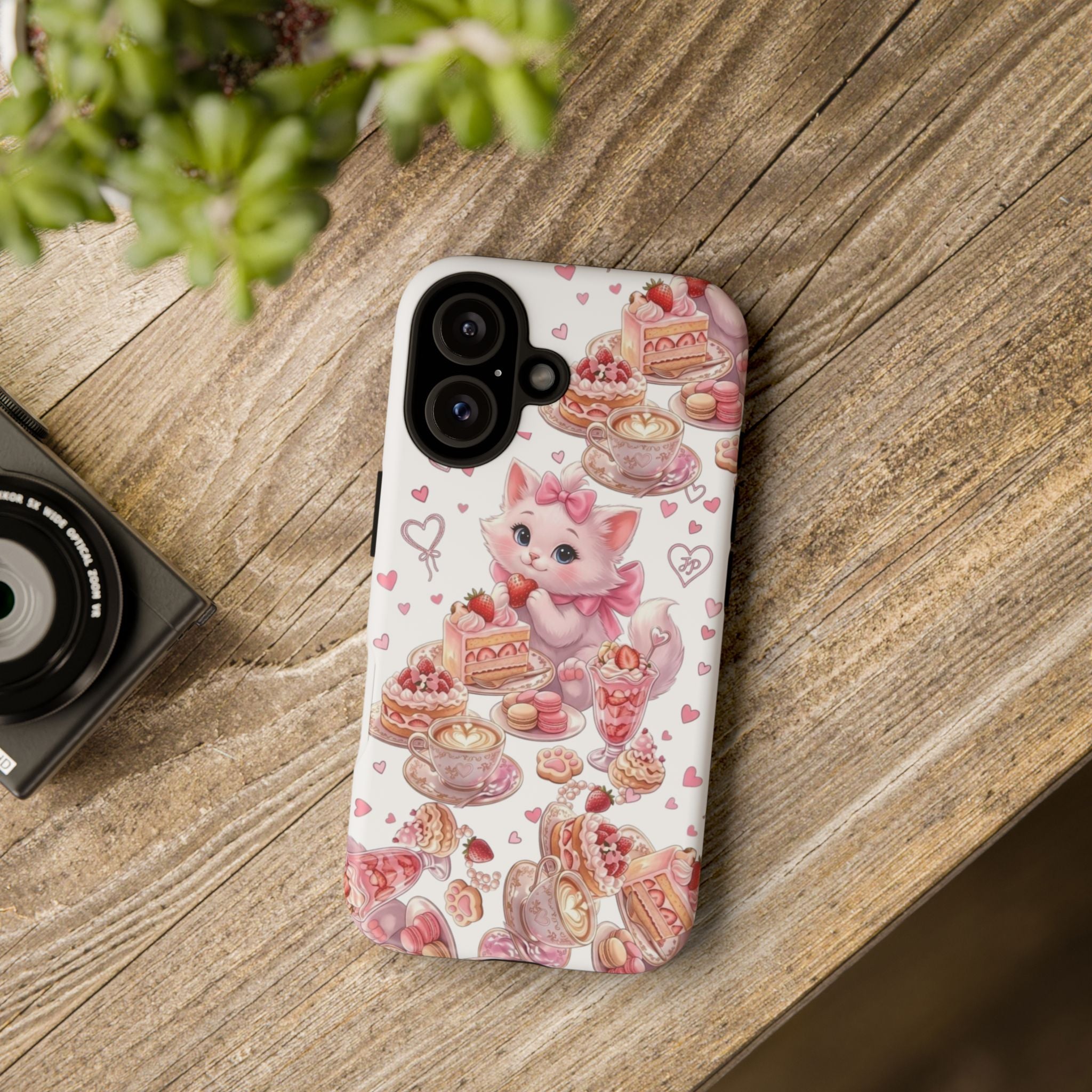 Cute Cat Dessert Phone Case — Pink Kawaii Kitten with Cakes & Hearts