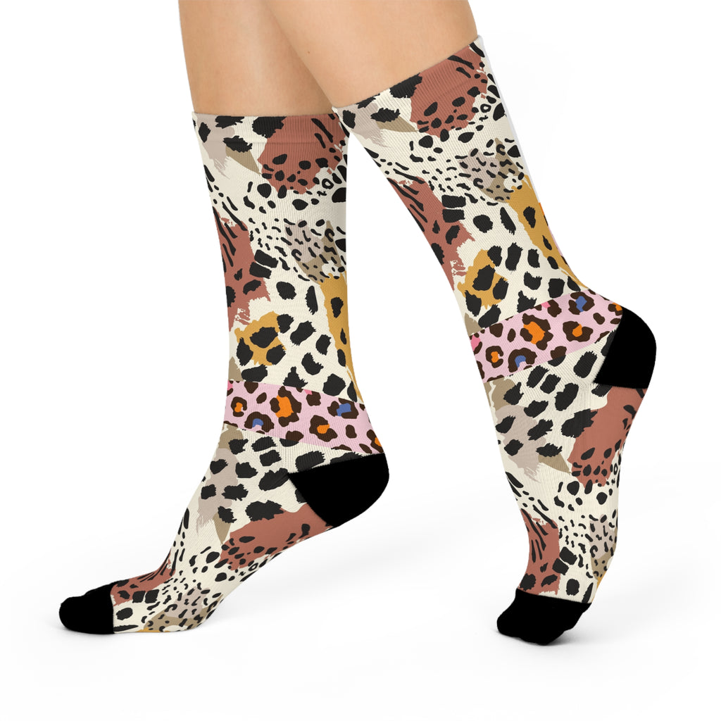 Leopard Patchwork Cushioned Crew Socks — Bold Animal Print Comfort