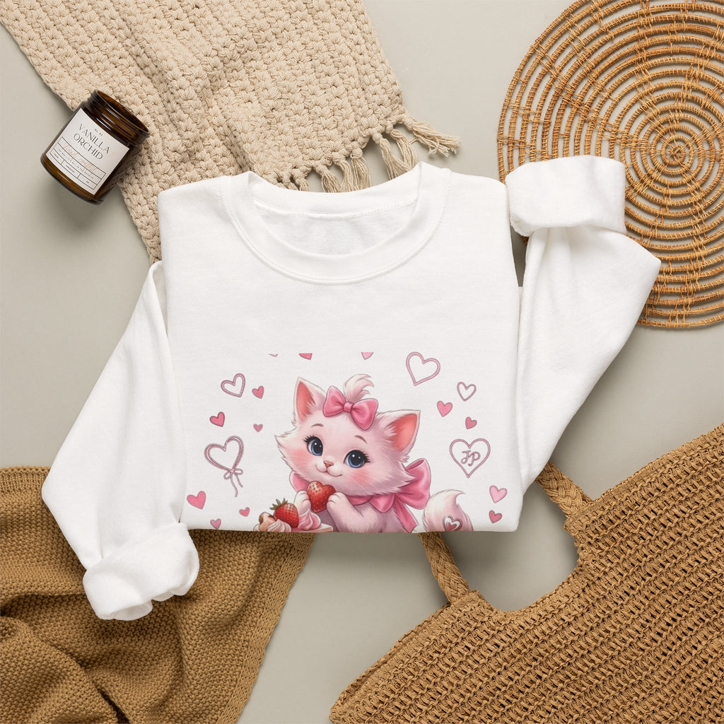Crewneck Sweatshirt - Cute Pink Kitty Tea Party Graphic (Hearts, Cakes & Sweets)