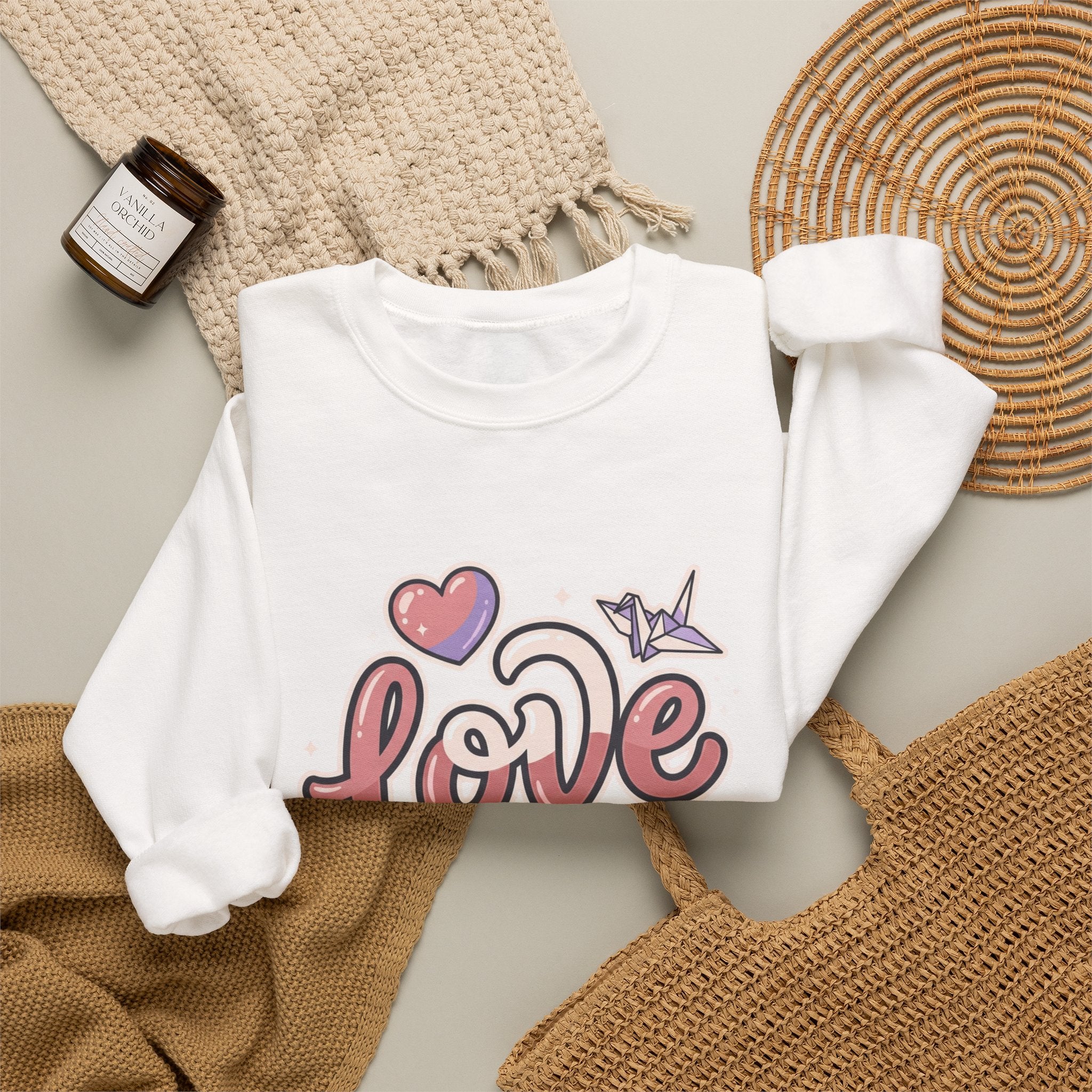 Love Graphic Sweatshirt — Cute Pink Heart & Origami Crane Crewneck