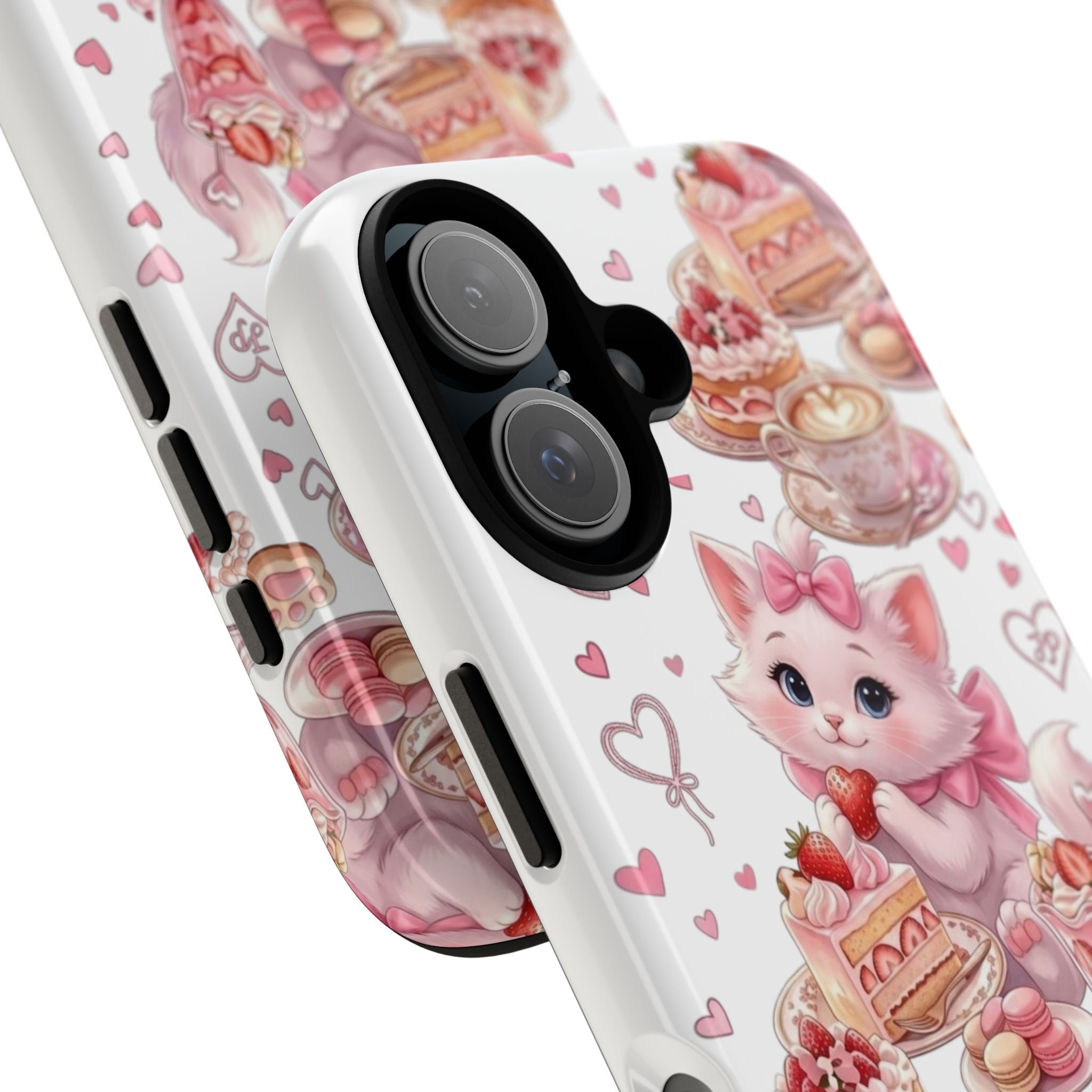 Cute Cat Dessert Phone Case — Pink Kawaii Kitten with Cakes & Hearts