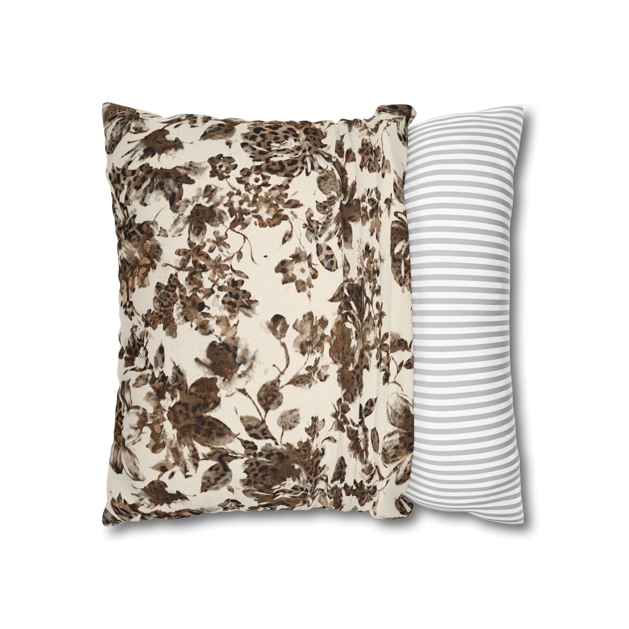 Floral Vintage Brown Square Pillowcase — Spun Polyester Decorative Throw Pillow Cover
