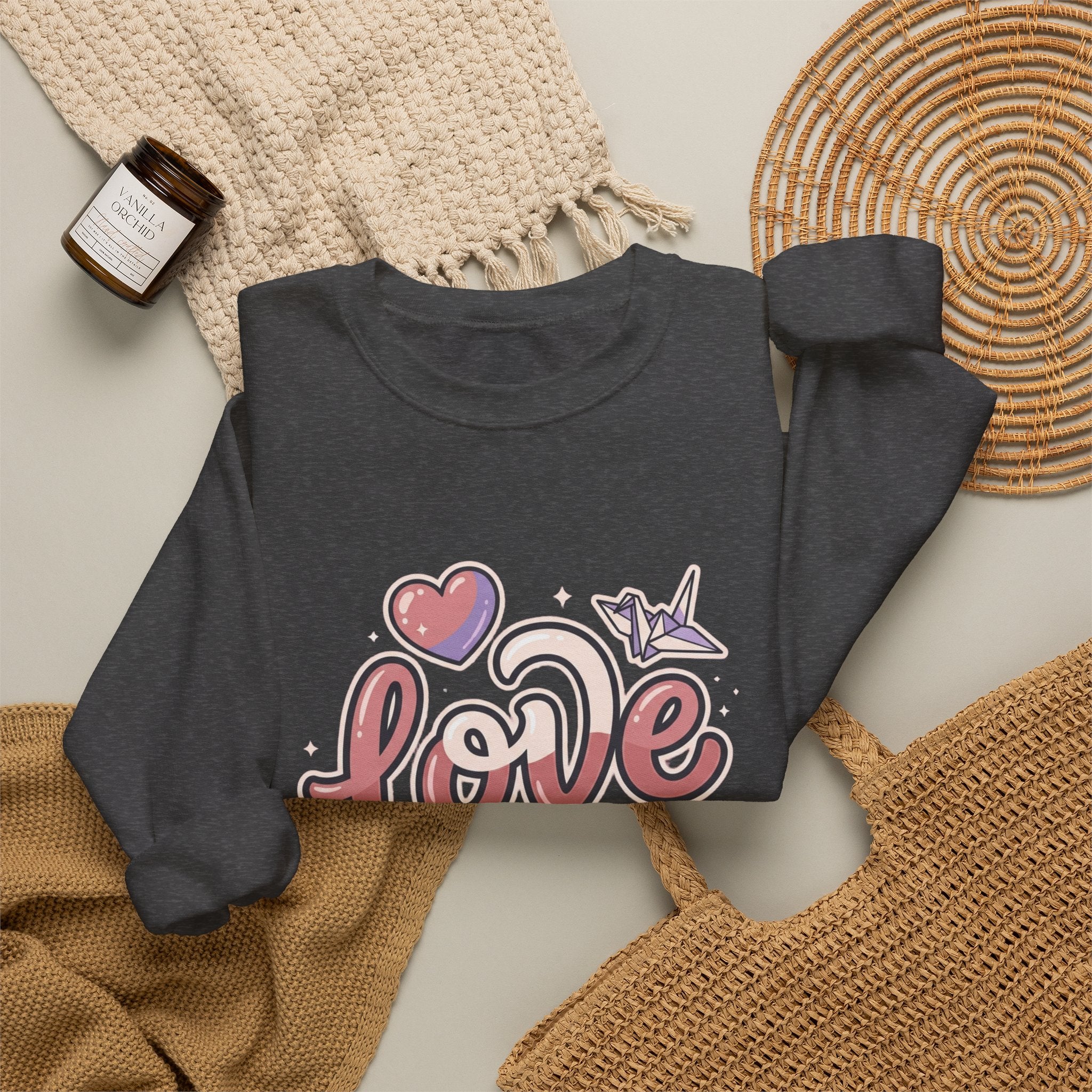 Love Graphic Sweatshirt — Cute Pink Heart & Origami Crane Crewneck
